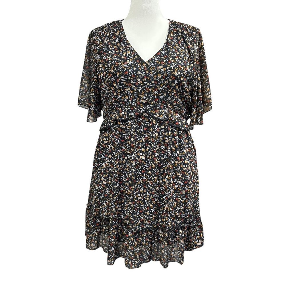Manydress Floral Ruffle Dress Womens Size XL V Neck Sheer Sleeve